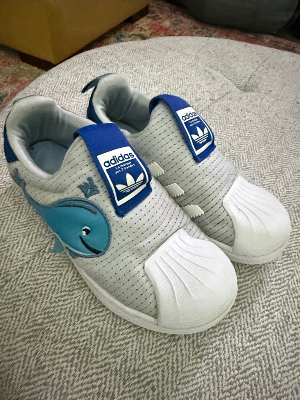 adidas Kids Grey & Blue Whale Slip-On Sneakers with White Shell Toe